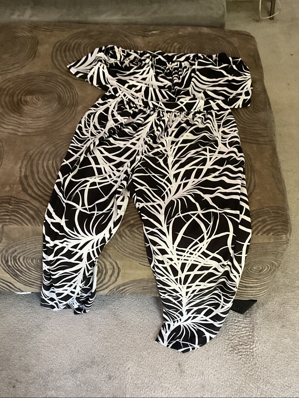 Ashley Stewart Black & White Abstract Print Off-Shoulder Jumpsuit